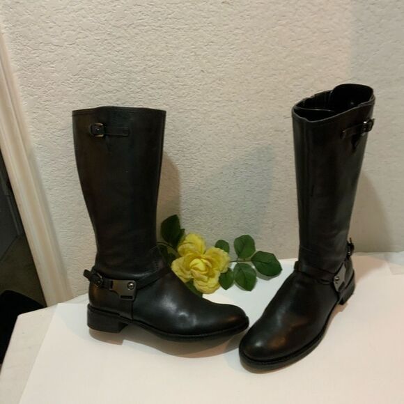 ECCO Hobart Harness Black Leather Mid Calf Moto Boot Size 38 US 7.5 Low Heel - Picture 1 of 12